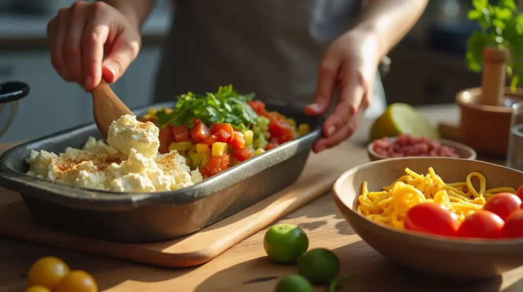 Hands spooning seasoned cottage cheese into a bowl and topping with taco ingredients in a natural kitchen setting.