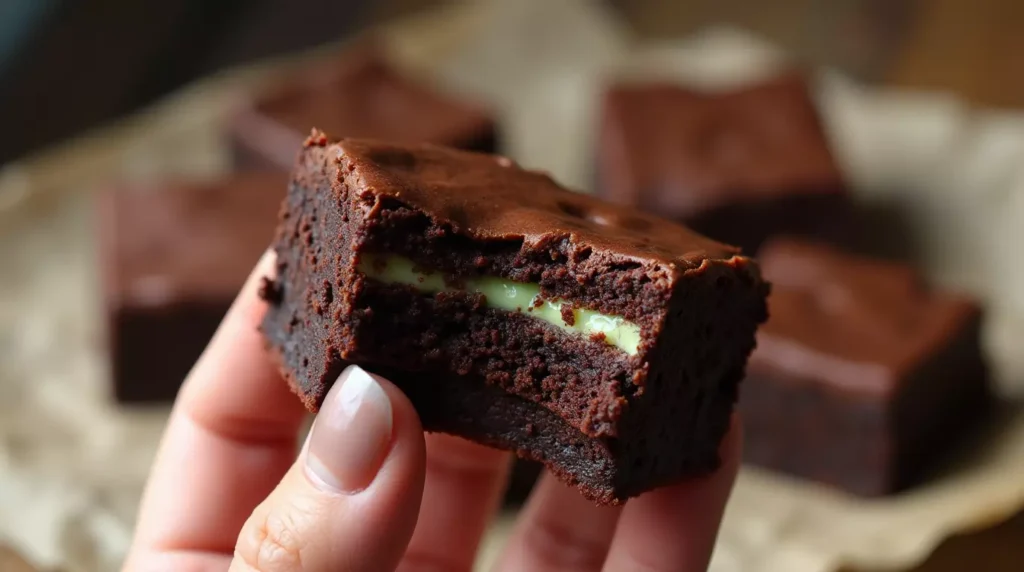 Hand holding a bitten gluten free mint chocolate brownie