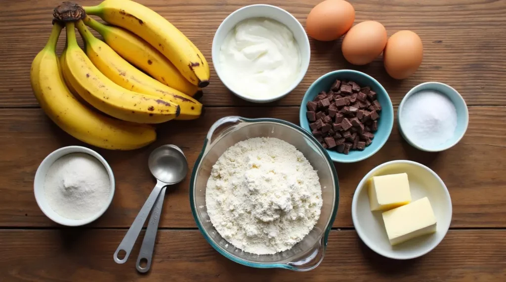 A top-down view of ingredients including bananas, Greek yogurt, chocolate chunks, eggs, and flour on a wooden table.