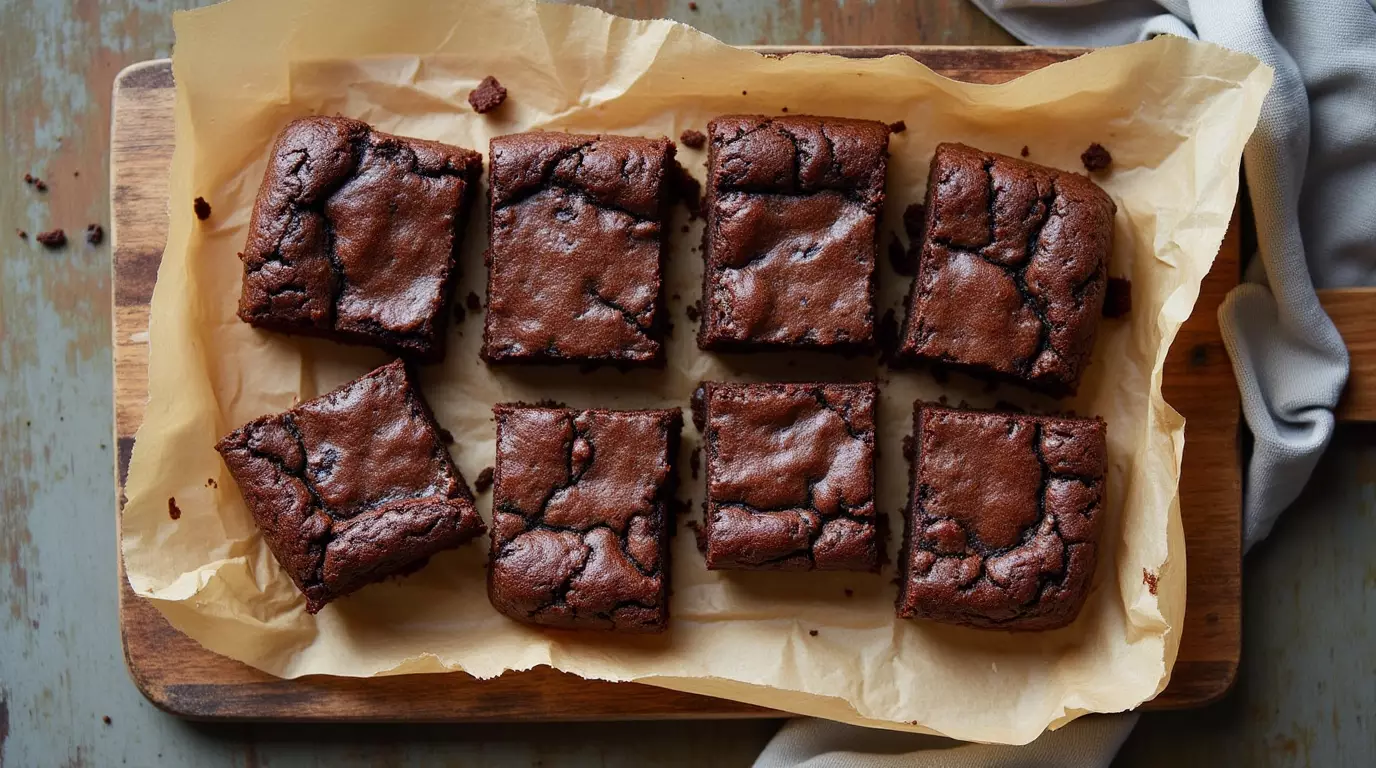 Sliced cottage cheese banana brownies on parchment paper with a rustic setup.
