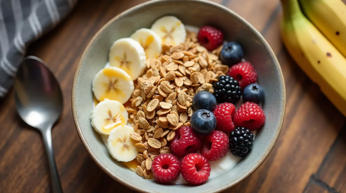 Cottage Cheese Bowl Breakfast topped with berries, banana, and granola in a ceramic bowl on a wooden kitchen table.