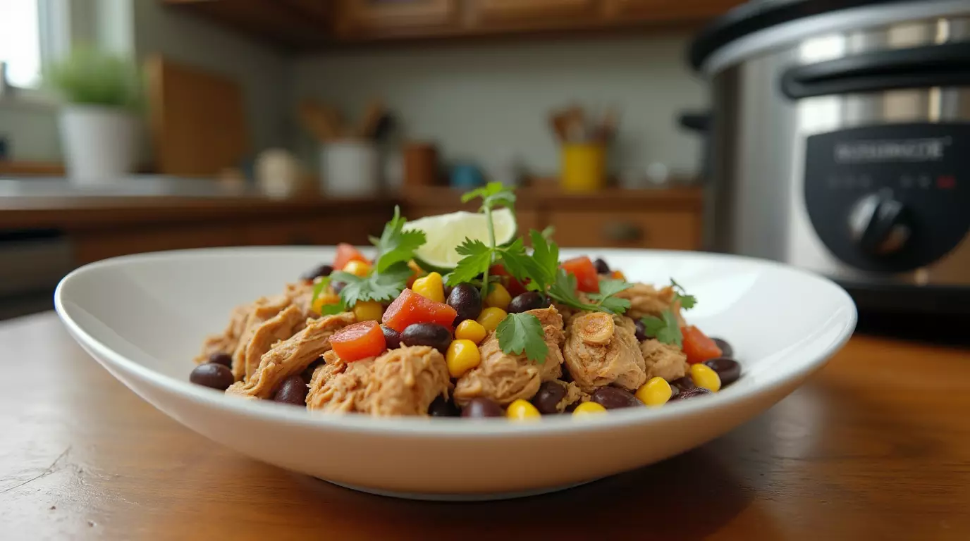 A bowl of Crockpot Southwest Chicken with shredded chicken, black beans, corn, and diced tomatoes, garnished with fresh cilantro and a lime wedge. The dish is placed on an ordinary kitchen counter with a slow cooker in the background.