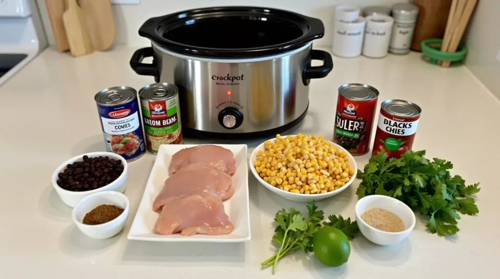 A neatly arranged display of fresh ingredients for Crockpot Southwest Chicken on an ordinary kitchen counter. Ingredients include raw boneless, skinless chicken thighs, canned black beans, corn, diced tomatoes, green chilies, a small bowl of taco seasoning, fresh cilantro, a lime, and minced garlic. A slow cooker is in the background, along with ordinary kitchen utensils.