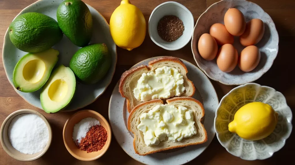 Flat lay of avocado, feta, eggs, lemon, sourdough bread, and seasonings on a wooden table.