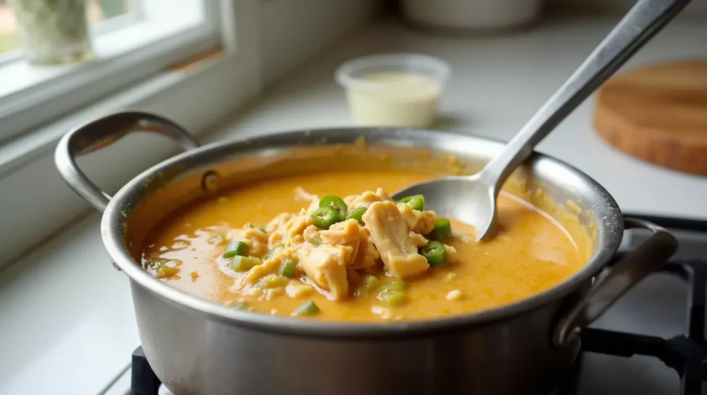A stainless steel pot on a stovetop filled with creamy green chili chicken enchilada soup, with a ladle stirring the thick, cheesy broth.