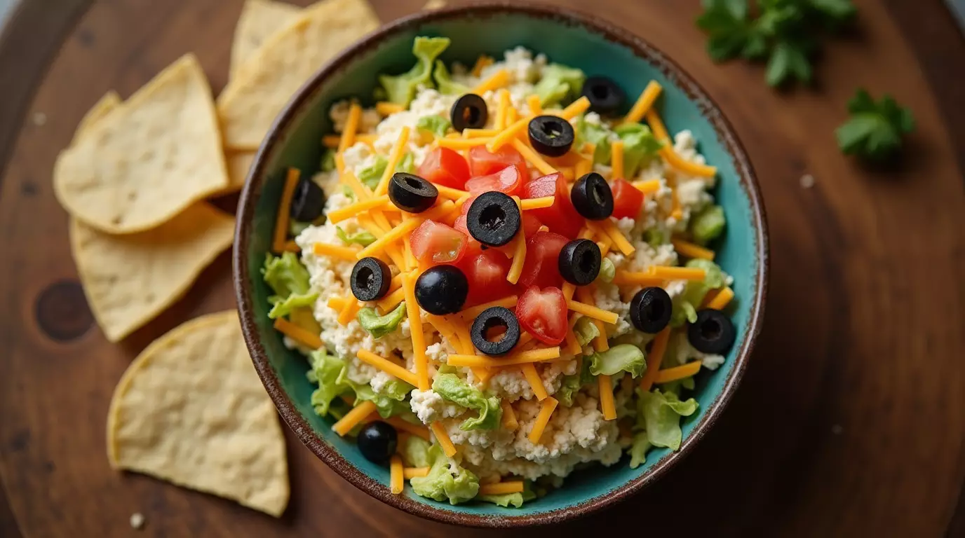 High protein taco dip cottage cheese layered with toppings in a rustic bowl, photographed in natural kitchen light.