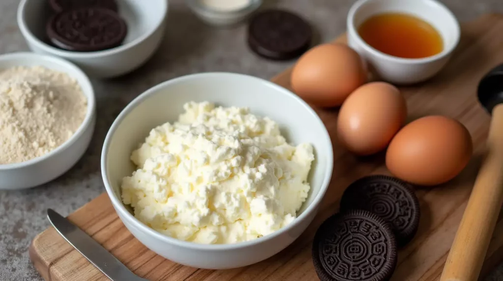 Flat lay of cottage cheese, Oreos, eggs, vanilla, and sweetener on a kitchen counter.