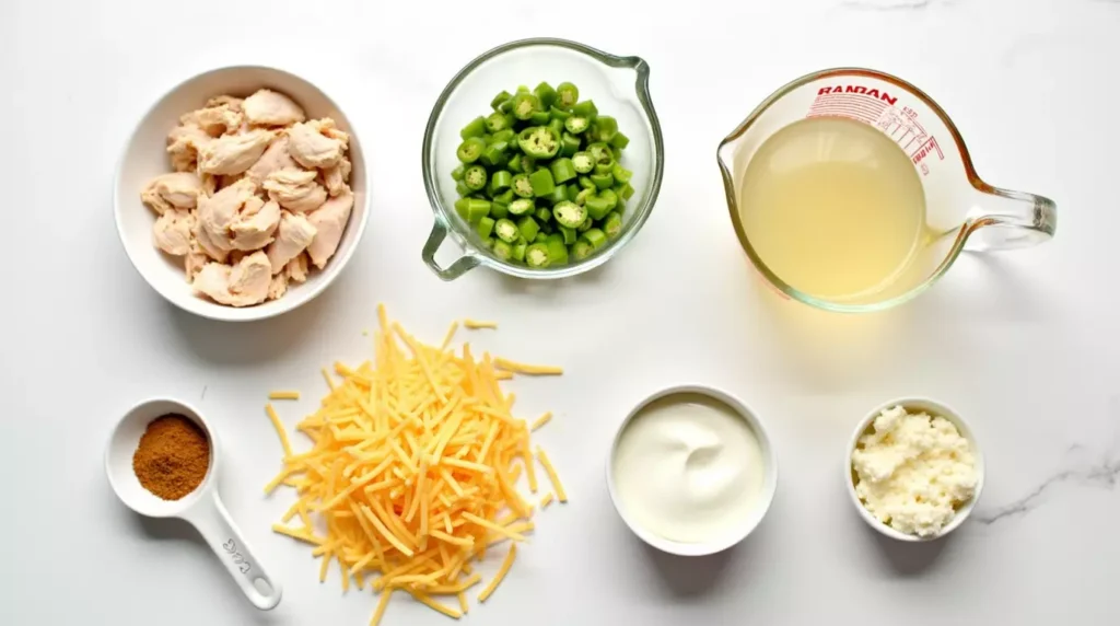 A flat lay of fresh ingredients for green chili chicken enchilada soup, including shredded chicken, diced green chilies, cheddar cheese, sour cream, broth, and seasonings.
