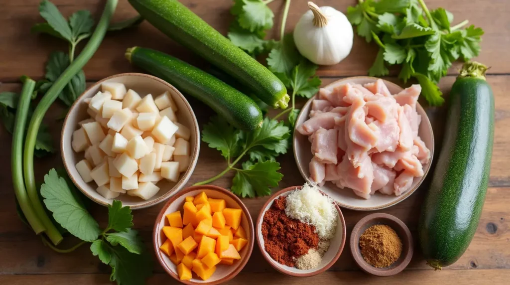 Flat lay of chicken, zucchini, garlic, onion, spices, and broth for southwest chicken soup.