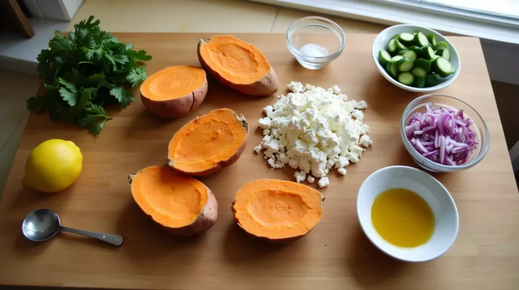 Flat lay of sweet potatoes, feta, cucumber, red onion, herbs, lemon, and olive oil.