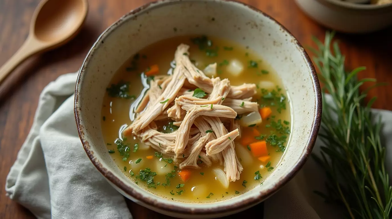 Bowl of keto crock pot chicken soup with shredded chicken and herbs on a wooden table in natural light.