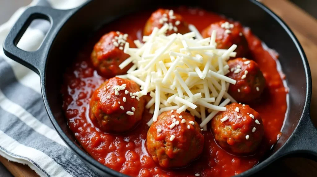 Gluten free meatballs topped with tomato sauce and shredded mozzarella before baking