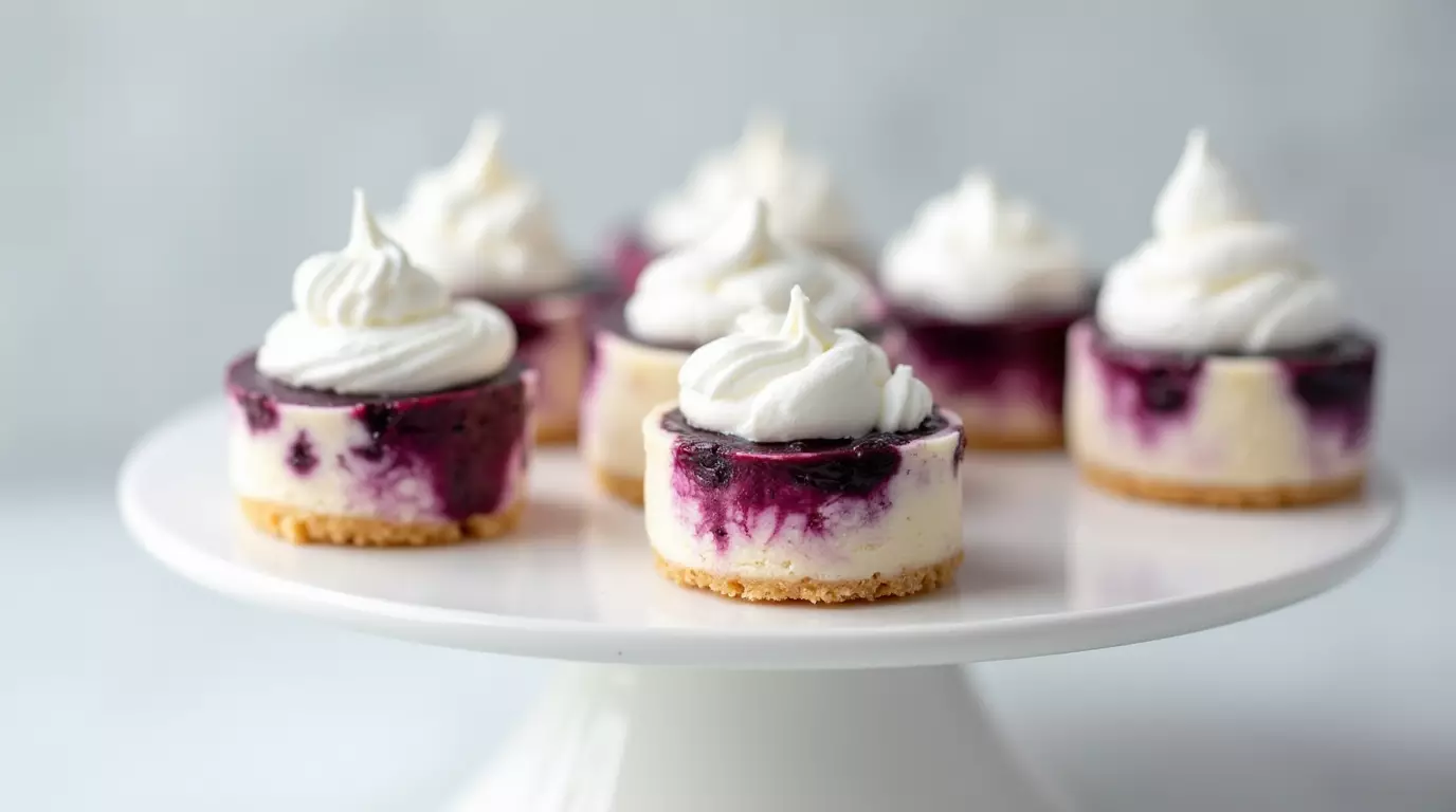 Mini blueberry swirl cheesecakes topped with whipped cream on a white dessert stand