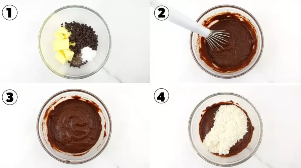Step-by-step image collage showing the mixing of gluten free mint brownie batter