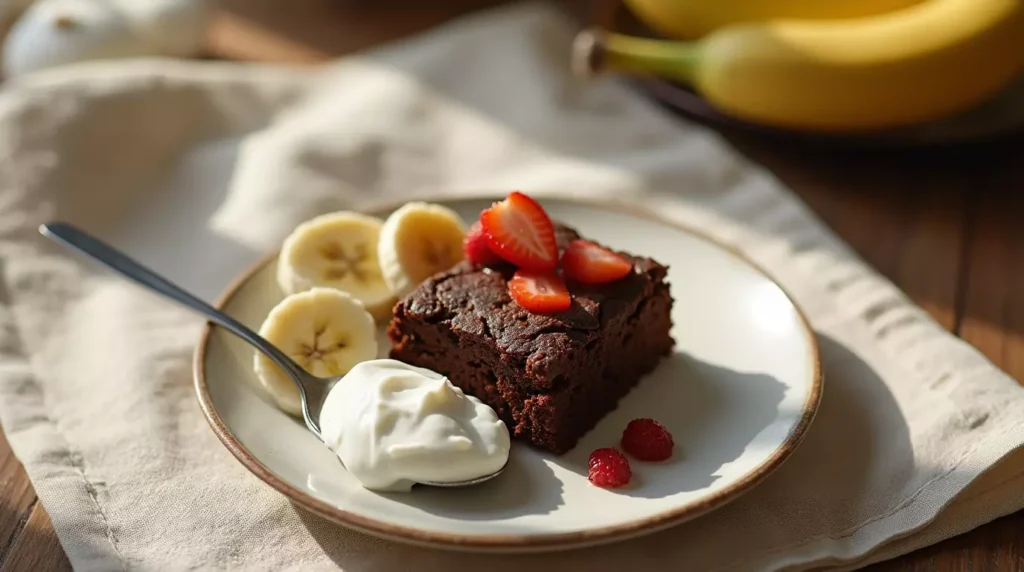 A cottage cheese banana brownie served with banana slices and Greek yogurt.