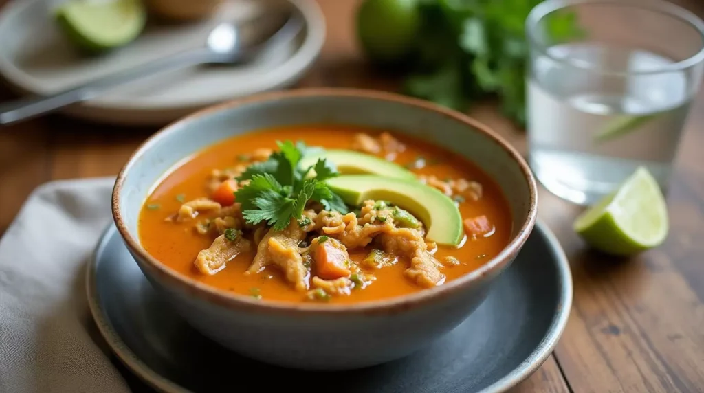 Bowl of southwest chicken soup topped with avocado, lime, and herbs on a kitchen table.Bowl of southwest chicken soup topped with avocado, lime, and herbs on a kitchen table.