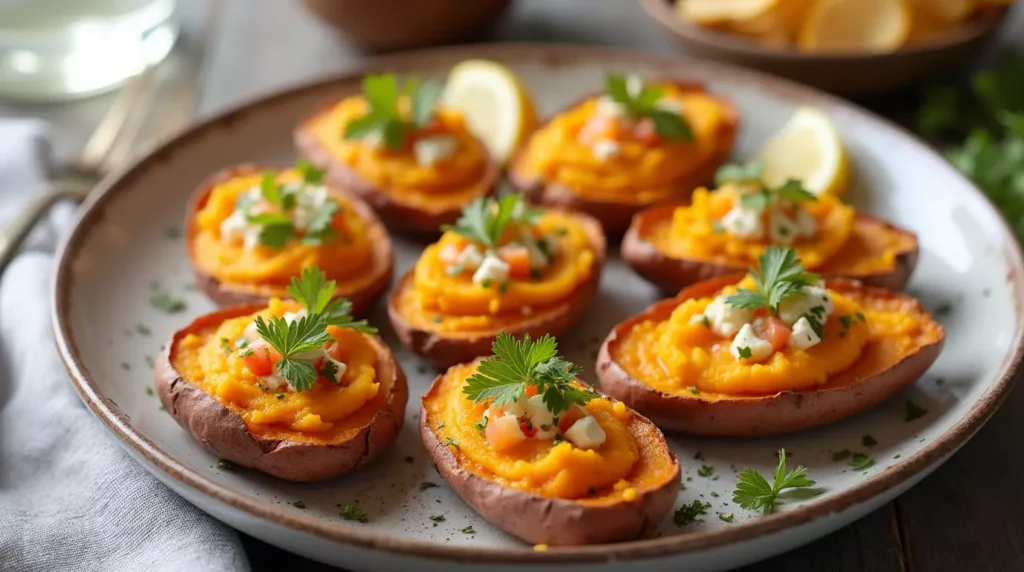 Sweet potato boats garnished with lemon wedges and parsley on a plate, ready to eat.