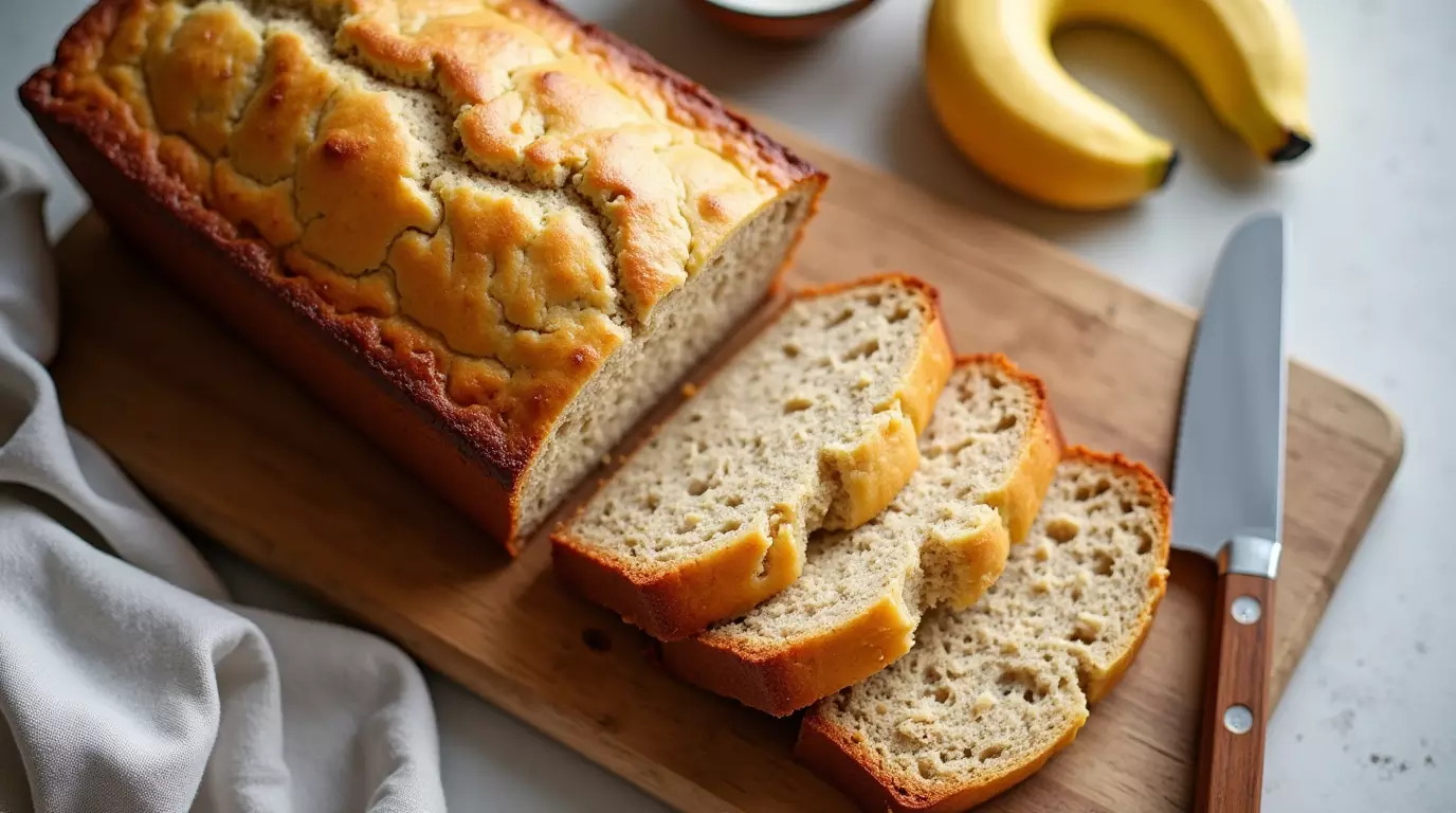 Sliced cottage cheese banana bread protein loaf on a wooden cutting board.
