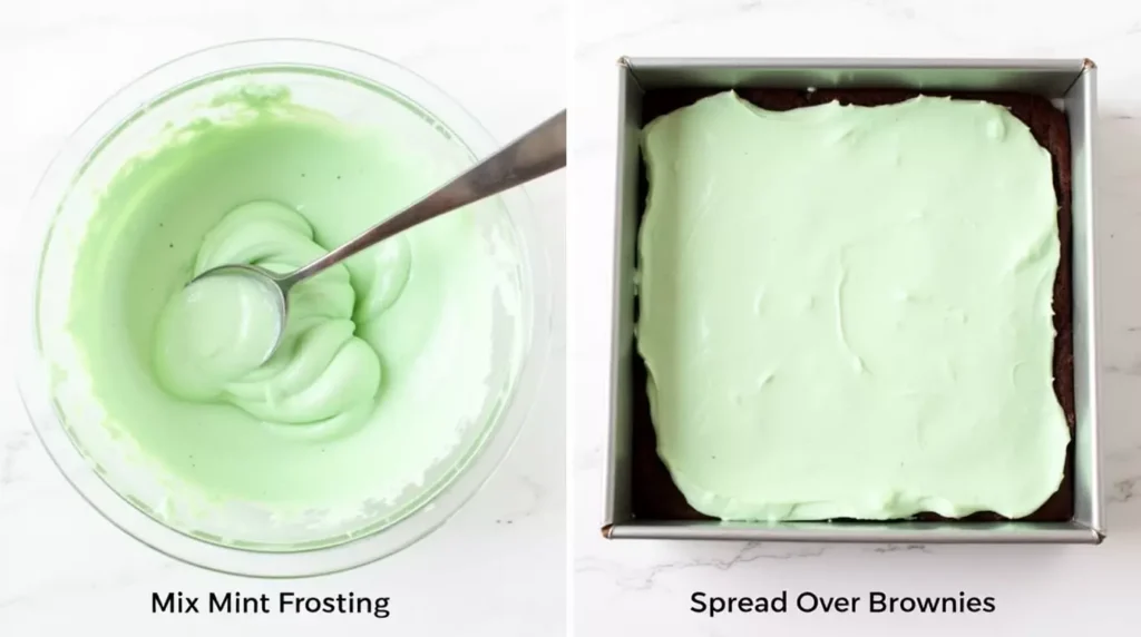 Smooth green mint frosting being spread over brownie base