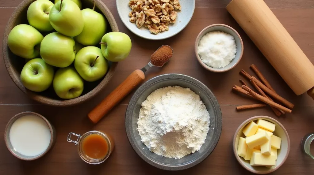 A flat-lay of fresh apples, chopped walnuts, caramel sauce, butter, flour, cinnamon sticks, nutmeg, and sugar on a wooden kitchen counter, ready for baking.