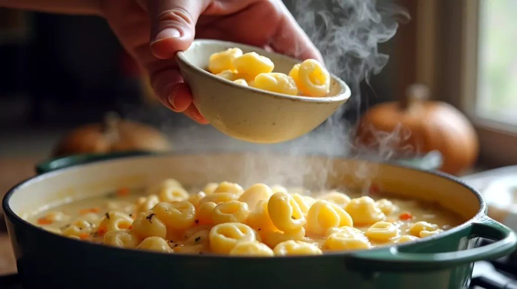 Tortellini being dropped into a creamy chicken soup base