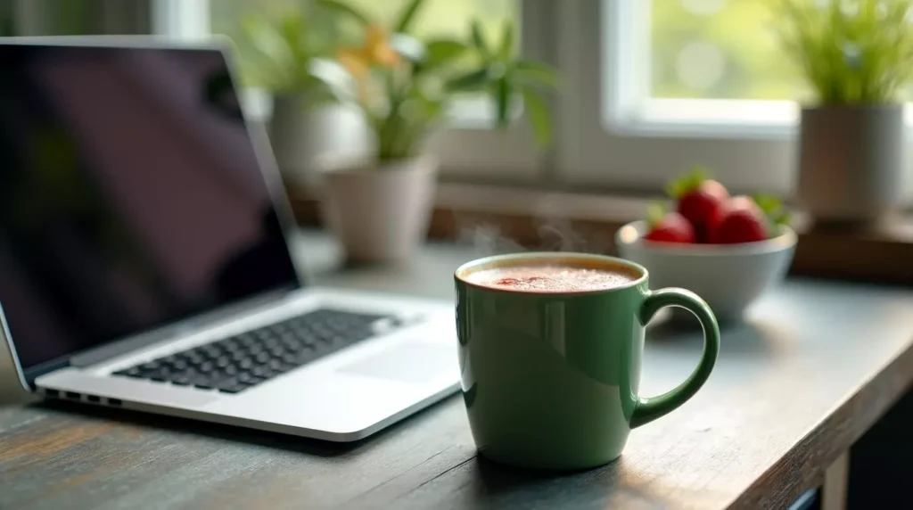 Hot strawberry matcha latte beside a laptop and fresh strawberries on a sunny afternoon kitchen counter