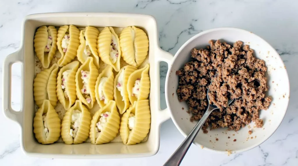 Uncooked pasta shells being filled with ricotta and beef on a flat surface