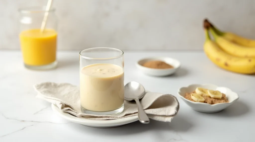 Glass of banana shake on a plate with spoon and napkin