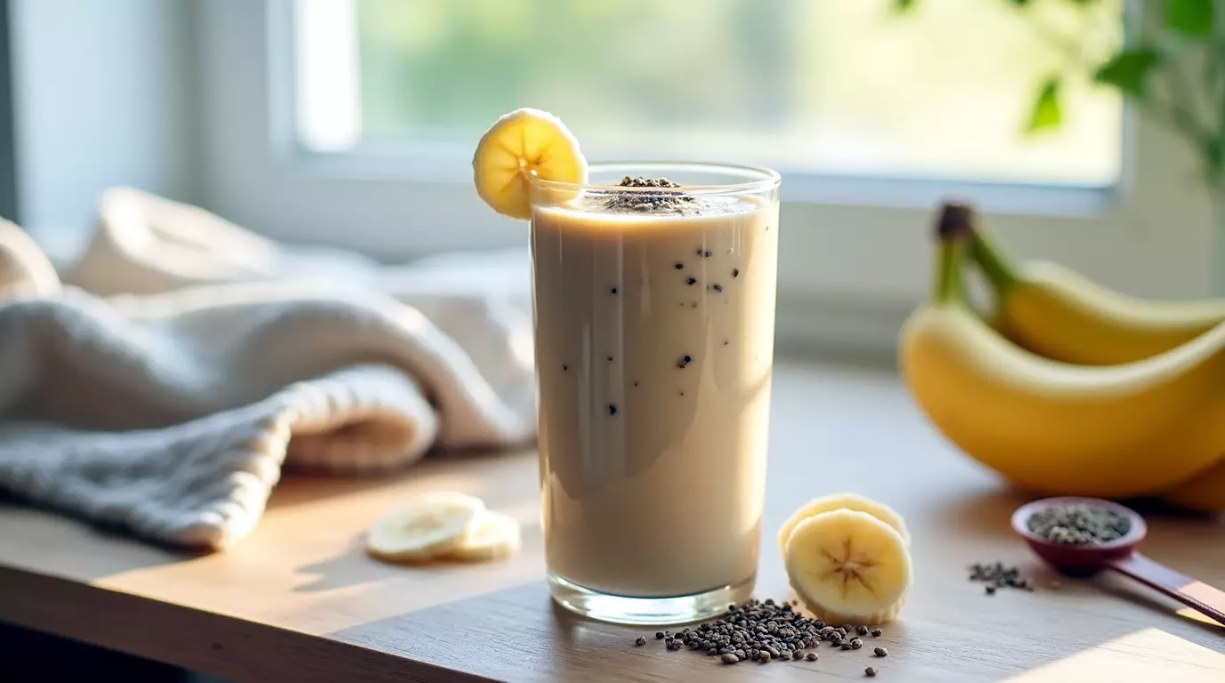 Creamy banana collagen smoothie topped with chia seeds in a tall clear glass