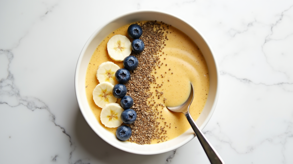 Smoothie bowl topped with banana, blueberries, chia seeds, and bee pollen on a white surface.