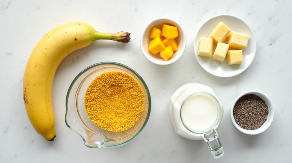 Flat lay of banana, mango, almond milk, chia seeds, and bee pollen arranged on a light countertop.
