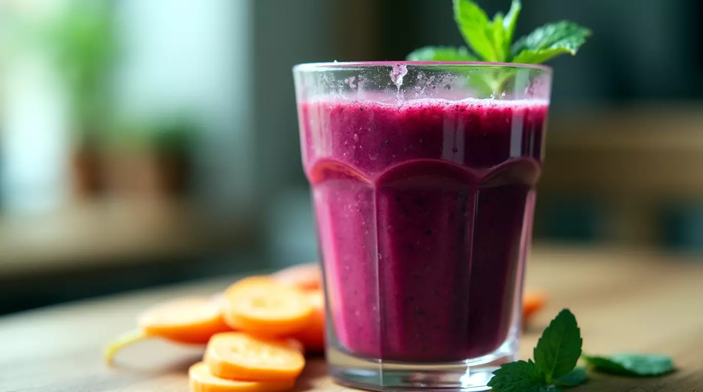 Glass of beet carrot spinach smoothie on a wooden table with mint garnish