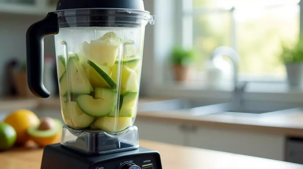 Blender with avocado, honeydew, and cucumber inside mid-blend