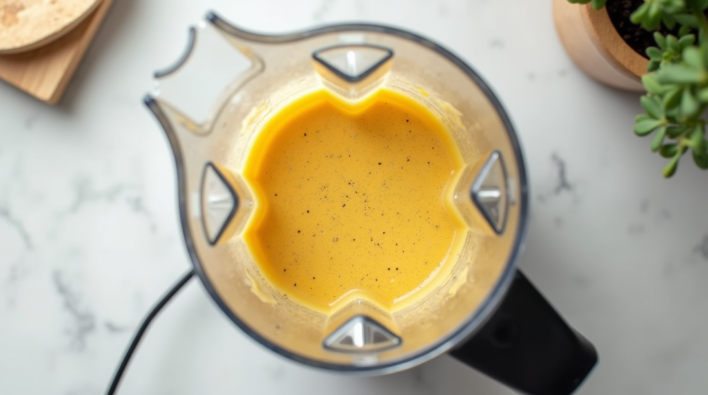 Overhead view of a blender filled with thick bee pollen smoothie on a modern white kitchen counter.