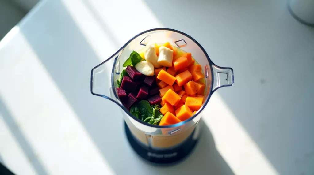 Blender filled with chopped beets, carrots, spinach, and banana
