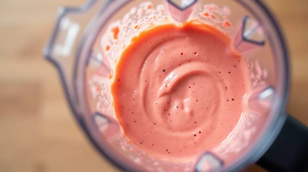 Bright smoothie mix mid-blend inside a blender