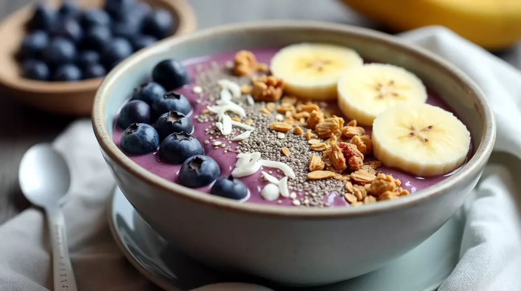 Smoothie bowl topped with granola, banana, and coconut