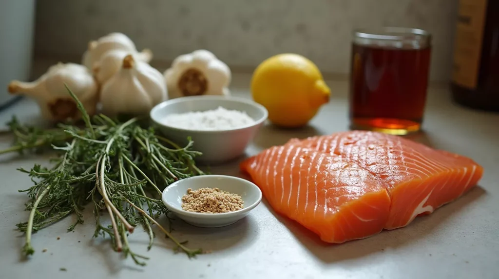 Maple syrup, herbs, lemon, garlic, and salt laid out on a kitchen counter