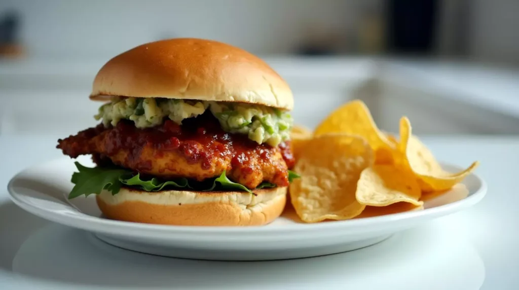 Chipotle chicken sandwich served with salad on white plate