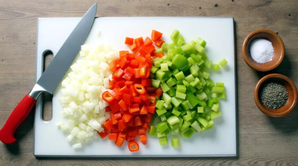 Colorful chopped vegetables including bell peppers, celery, and onion on a white board for bone broth chicken soup keto