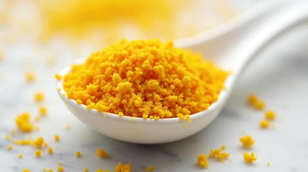 Small bowl filled with vibrant golden bee pollen granules on a clean white background.