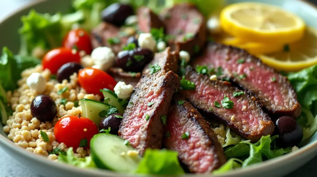 Mediterranean steak bowl with steak, roasted tomatoes, cucumbers, olives, feta, and hummus