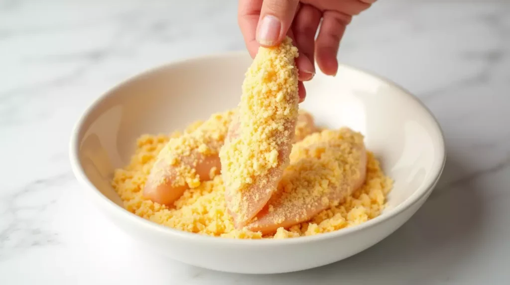 Raw chicken strip being breaded in a mix of panko and cheddar cheese
