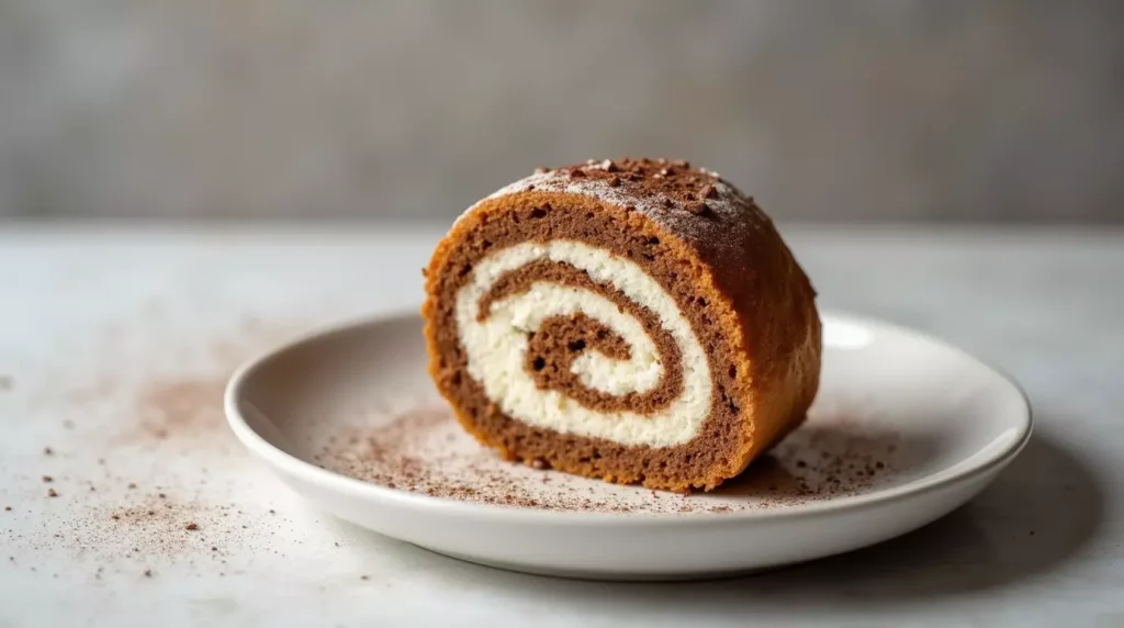 Close-up of a single slice of coffee roll cake showing a perfect mocha spiral