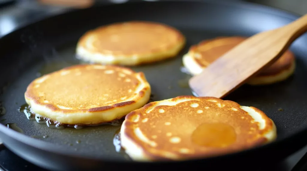 Cottage cheese banana pancake batter cooking in a nonstick skillet