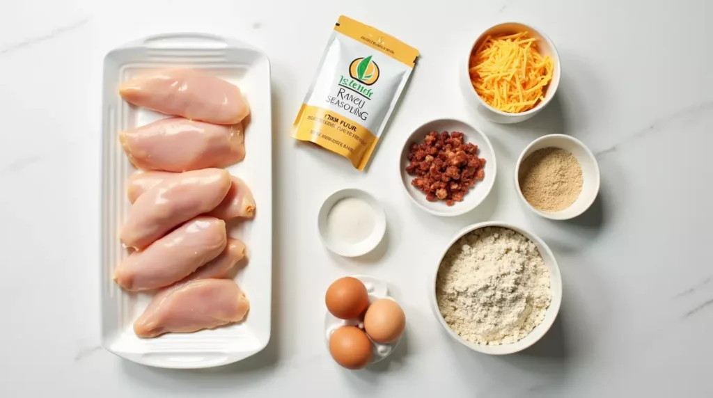 Ingredients for crack chicken strips including chicken, cheese, ranch seasoning, and bacon on a modern kitchen surface