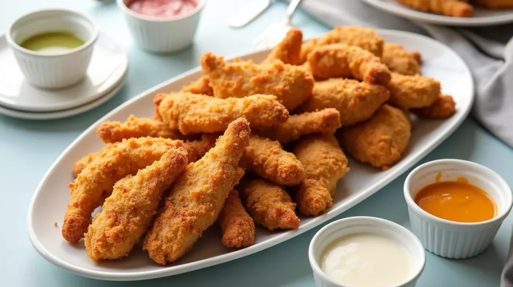 Large platter of crack chicken tenders with dipping sauces for sharing
