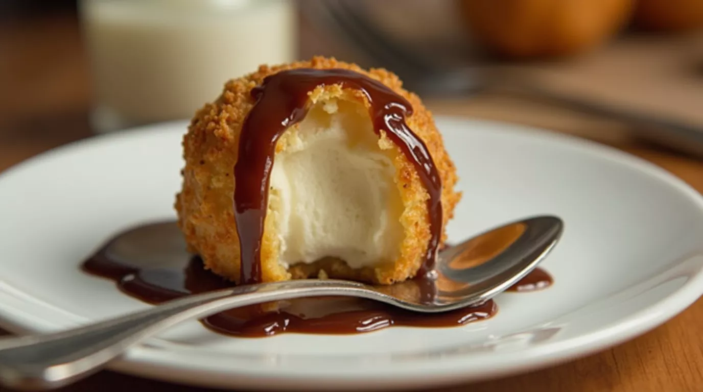 Fried banana ice cream ball served with caramel sauce on a white plate
