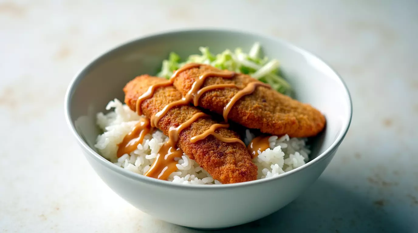 A katsu chicken bowl with golden sliced chicken over rice and cabbage