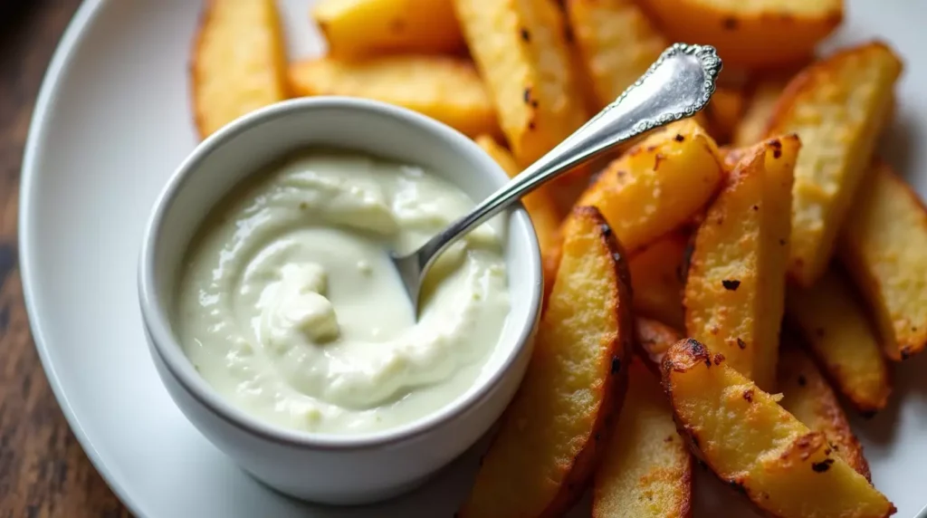 Dill pickle aioli in ramekin served with golden fries